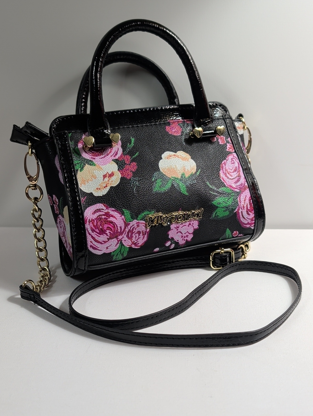 Betsey Johnson Black Floral Bow Mini Satchel Crossbody Bag
